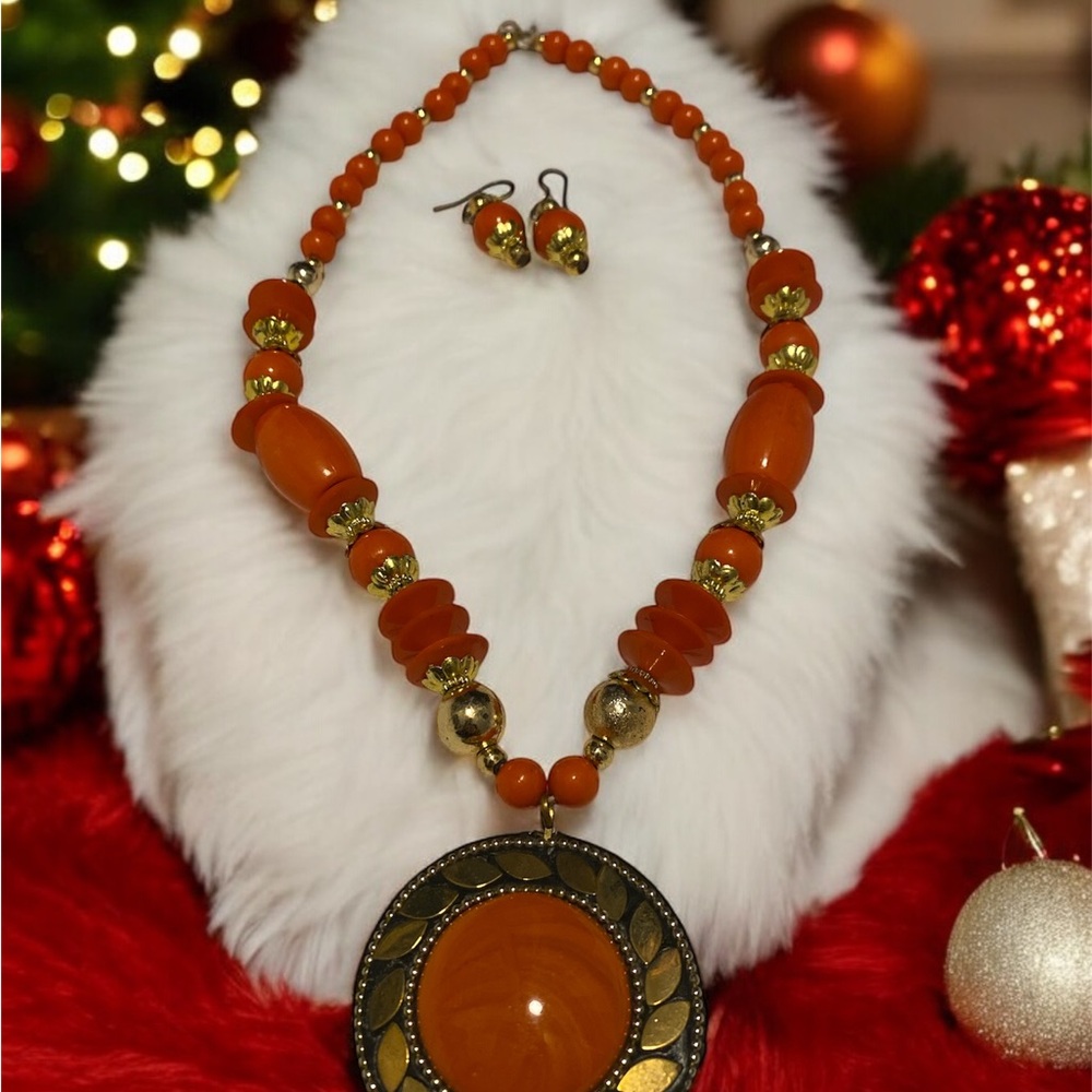 Gold and Orange Beaded Necklace with Circular Pendant